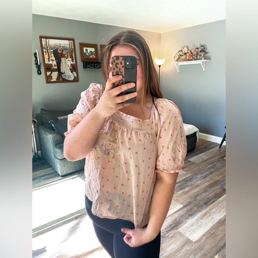 Pink striped orange floral peasant style boho blouse